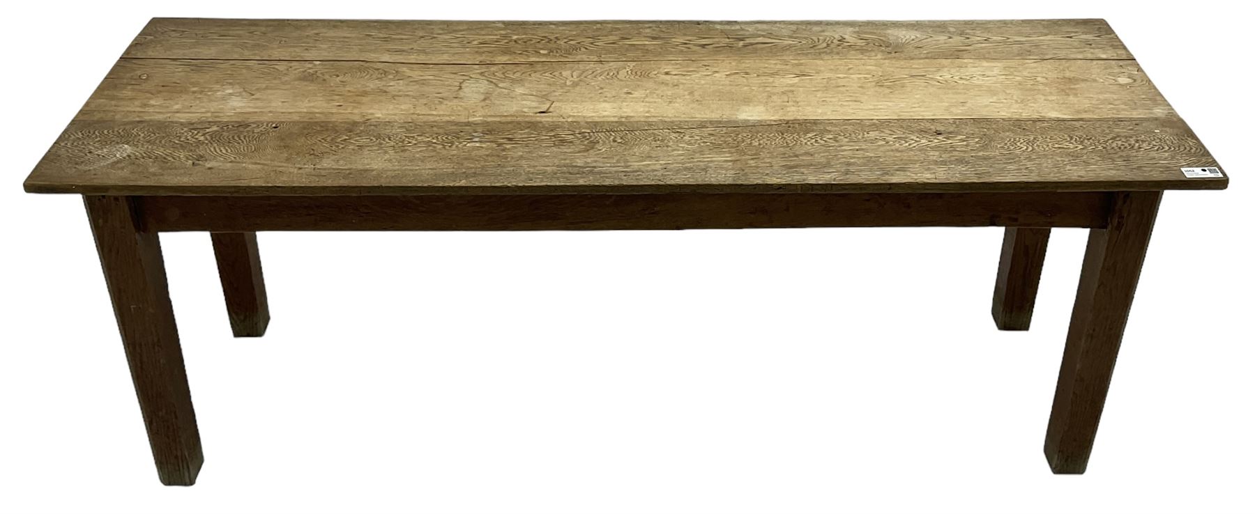20th century oak refectory dining table, rectangular three plank top, on chamfered square supports 