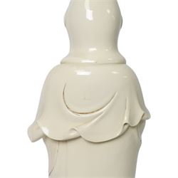 Large Chinese blanc de chine figure of Guanyin, depicting the goddess stood upon a lotus leaf with one hand raised, with potters seal mark to the reverse, H75cm