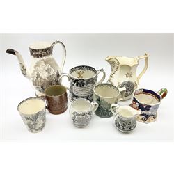Group of 19th century ceramics, to include surprise loving cup with black transfer printed decoration, a stoneware surprise mug, hand painted mug with floral decoration, 'God Speed the Plough' cup etc.  