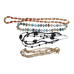 Pair of 9ct gold screw back earrings, quartz bead necklace and costume jewellery