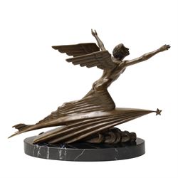 After Frédéric Charles Focht (French 1879-1937): L'aviation, contemporary bronze bearing signature and foundry mark, on marble base, overall H31cm