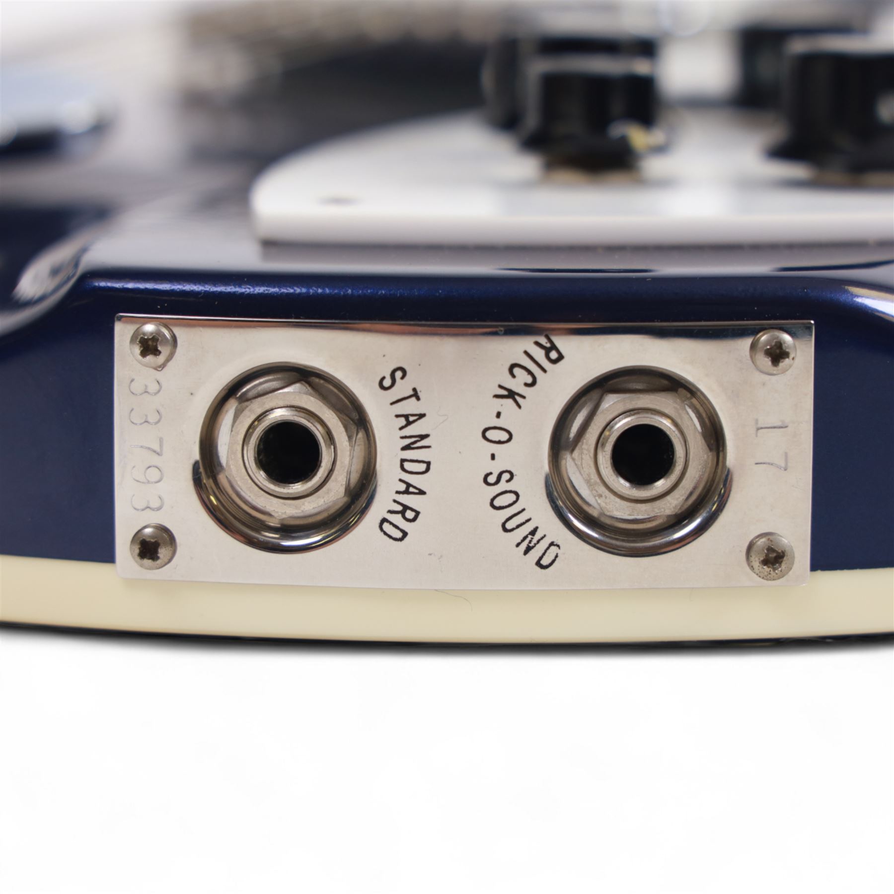 Rickenbacker model no. 360 six string electric guitar, in midnight blue finish, serial no. 33793 made in USA, circa 2017, in Rickenbacker fitted hard case with plush black interior, guitar L100cm