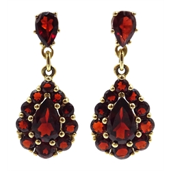  Pair of 9ct gold garnet cluster pendant earrings, hallmarked  