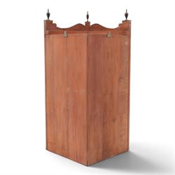 Edwardian inlaid birds-eye maple corner cabinet, urn finials above shell motif inlays, reeded column's hanging hooks