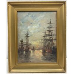 Edouard Adam (French 1847-1929): Masted Ships at Sunset, oil on board signed and dated 1907, 32cm x 25cm 
Provenance: Robin Hood's Bay family ownership for many years