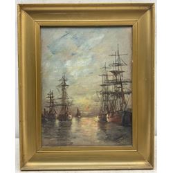 Edouard Adam (French 1847-1929): Masted Ships at Sunset, oil on board signed and dated 1907, 32cm x 25cm 
Provenance: Robin Hood's Bay family ownership for many years