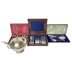 Silver plated soup tureen, with cover and ladle, together with three sets of cased silver plated cutlery including mother of pearl dessert knives and forks, salad servers and coffee spoons