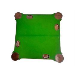 George III mahogany fold-top card table, shaped rectangular top opening to reveal a baize-lined surface, supported by a concertina pull-out concertina rear mechanism, raised on cabriole supports with foliate carvings terminating in pad feet