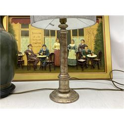 Three table lamps together with a cafe sign, Au Bon Cafe with a relief moulded scene outside a cafe, sign H56cm, L73cm