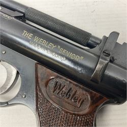 Webley Senior .22 cal. air pistol with top lever action, serial no.273; in original box with label under lid; together with two tins of pellets NB: AGE RESTRICTIONS APPLY TO THE PURCHASE OF AIR WEAPONS.
