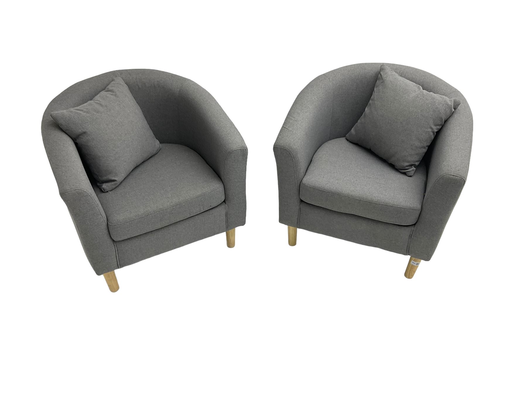 Pair small tub chairs, upholstered in graphite grey fabric and raised on tapered feet