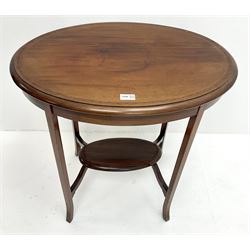Edwardian inlaid mahogany oval occasional table, square tapering supports joined by undertier 