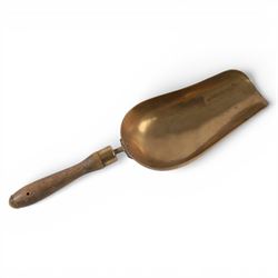 Brass grain/coal scoop with wooden handle, L43cm