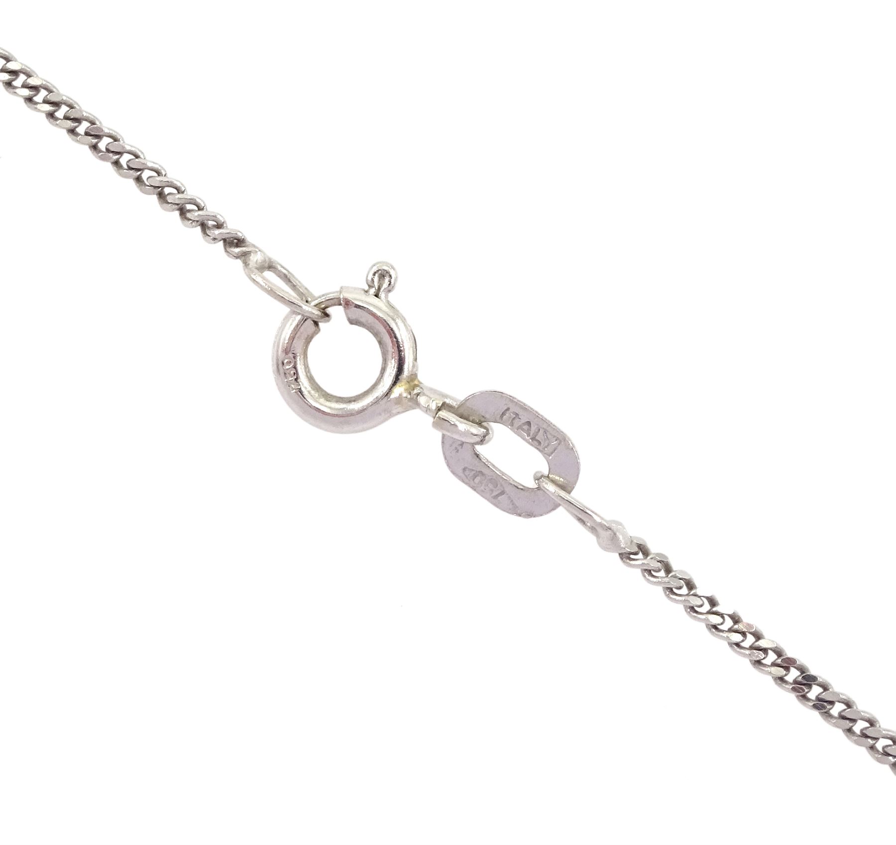 18ct white gold milgrain set calibre cut sapphire and round brilliant cut diamond pendant necklace, hallmarked, total diamond weight 0.30 carat