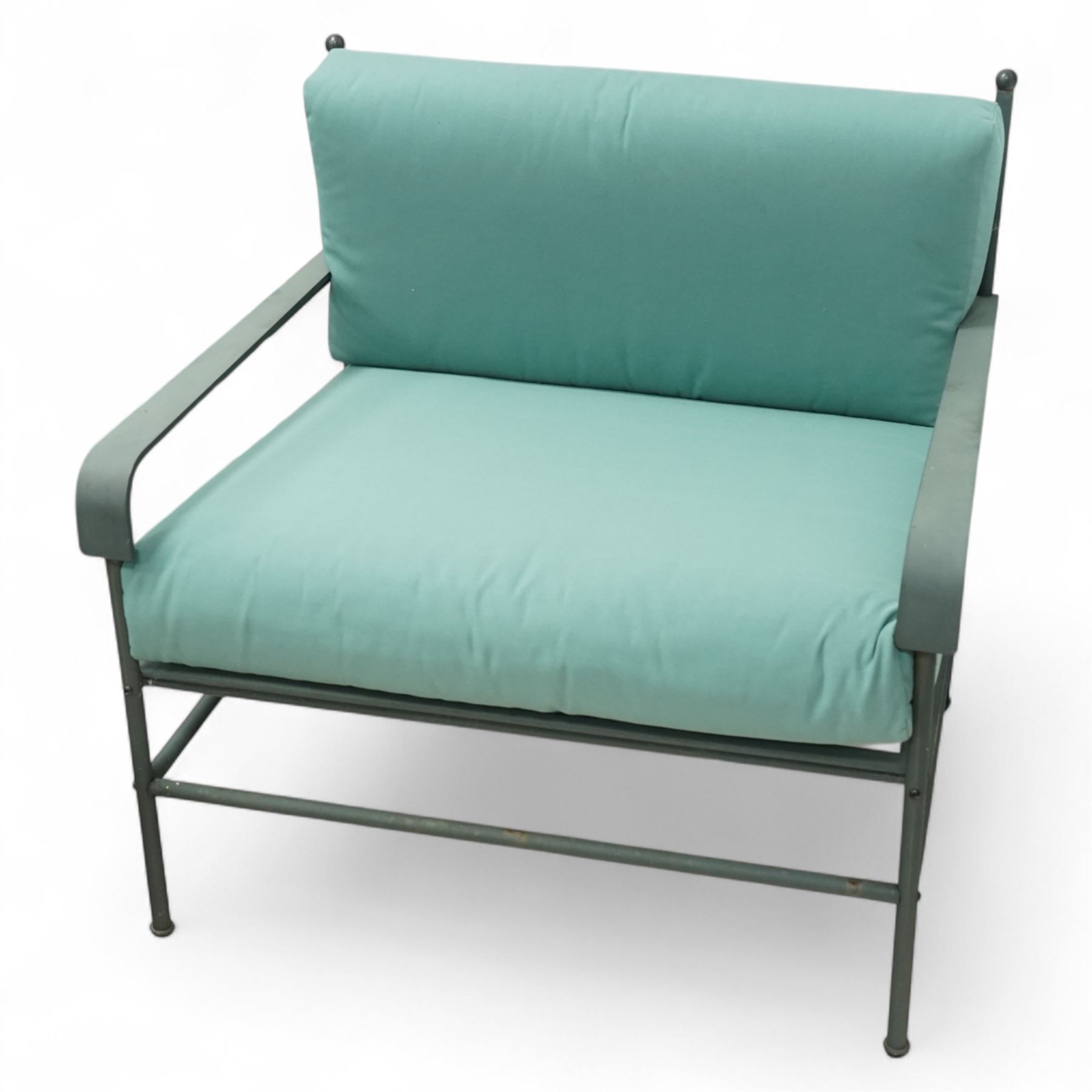 Unopiu - Italian designer 'Toscana' garden suite, comprising two seat sofa and two armchairs with table, wrought metal with loose seat cushions (Armchair W 82cm, D 72cm, H 81cm)
