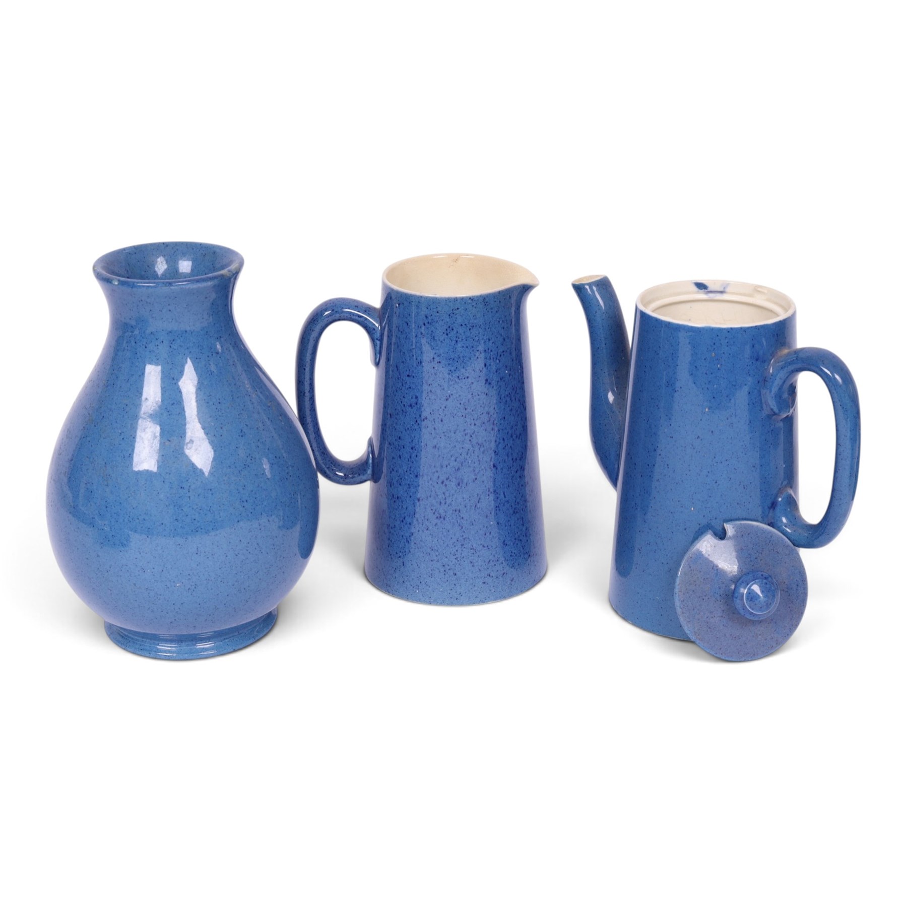 Moorcroft Powder Blue part coffee set, comprising coffee pot, two sucrier, jug, three coffee cans and saucers, together with a vase in the same colourway, together with Adderley tea set in a similar colour way
