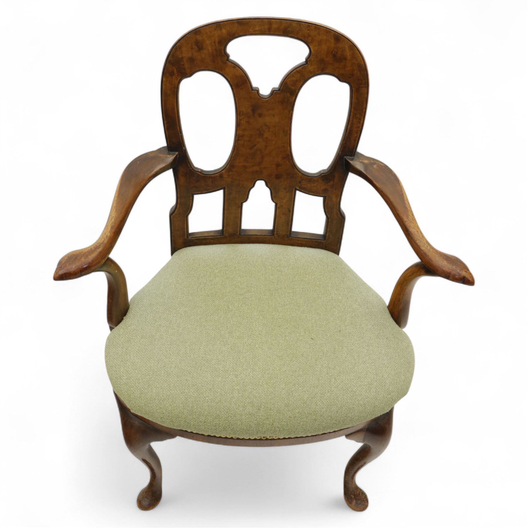 Pair of 1930s Queen Anne design walnut-framed open armchairs with vase-shaped pierced back splat and scroll end arms above a padded serpentine seat, raised on cabriole legs with pad feet