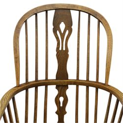 Early 20th century elm and ash high-back Windsor chair, double hoop-and-stick back with pierced and shaped splat, on turned supports joined by H-stretcher