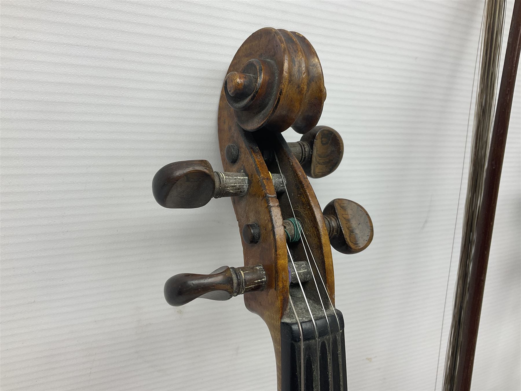 German trade violin in the Steiner style c1900 with 35.5cm two-piece maple back and ribs and spruce top L59cm overall; in fitted carrying case with two bows; and a Saxony violin with 35.5cm one-piece maple back and ribs and spruce top L58.5cm overall (2)