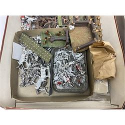 Painted metal wargame figures - over four hundred including Normans and Saxons, Romans, British Tribes etc; together with a quantity of part-painted and unpainted figures, battlefield weapons and accessories etc; average size 25mm