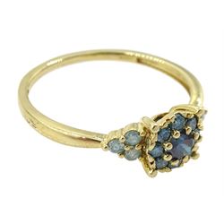 9ct gold round blue diamond cluster ring, hallmarked