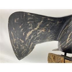 Wooden sculpture of Cormorant aquatic bird on a naturalistic wooden plinth, H46cm