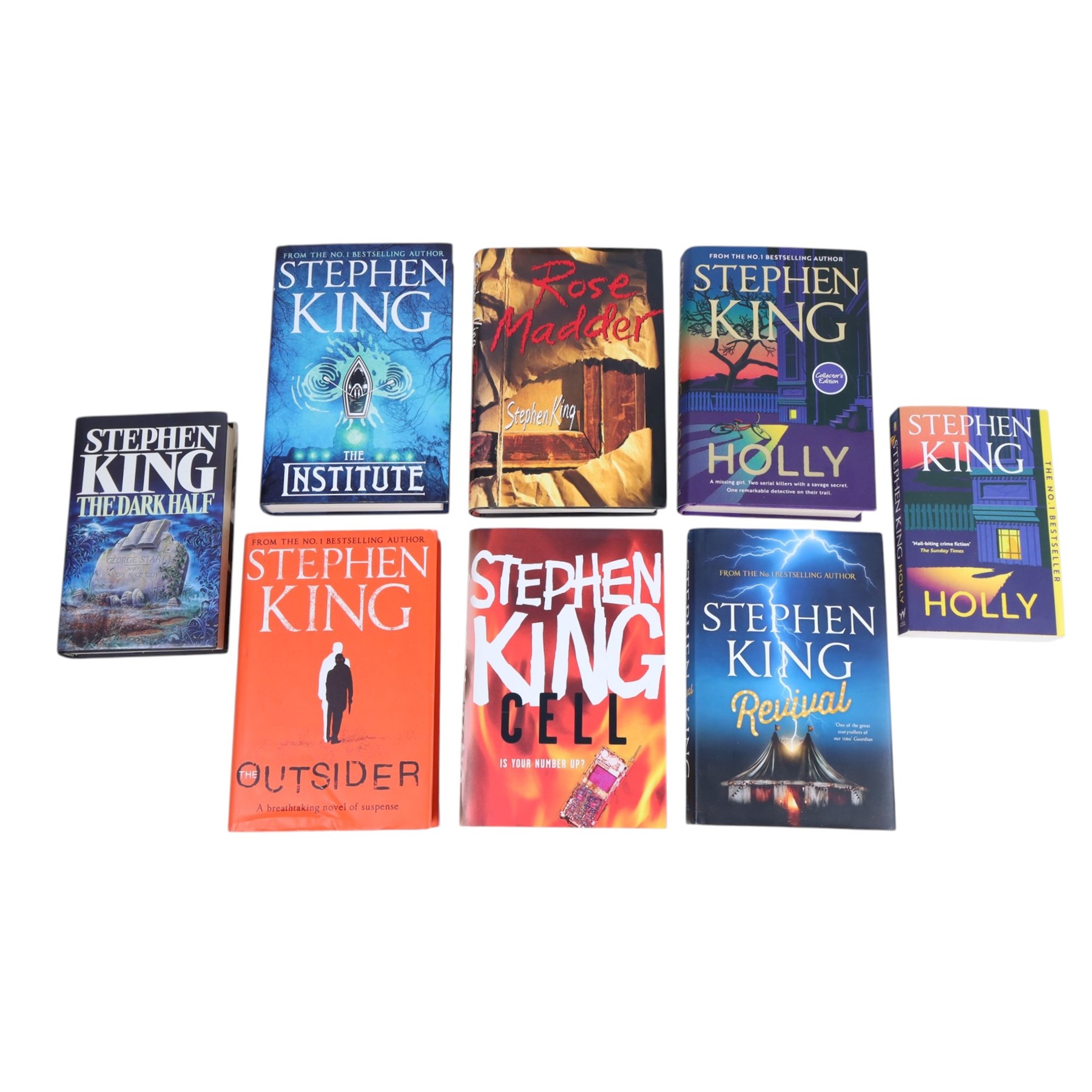 Eight Stephen King novels, to include 1995 first United States edition 'Rose Madder' hardback, collectors edition 'Holly' hardback, and four other first editions