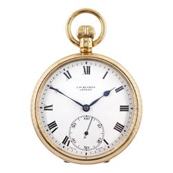 9ct gold open face keyless, 15 jewels pocket watch by J W Benson, London, white enamel dial with Roman numerals and subsidiary seconds dial, case by Dennison Watch Case Co, Birmingham 1928