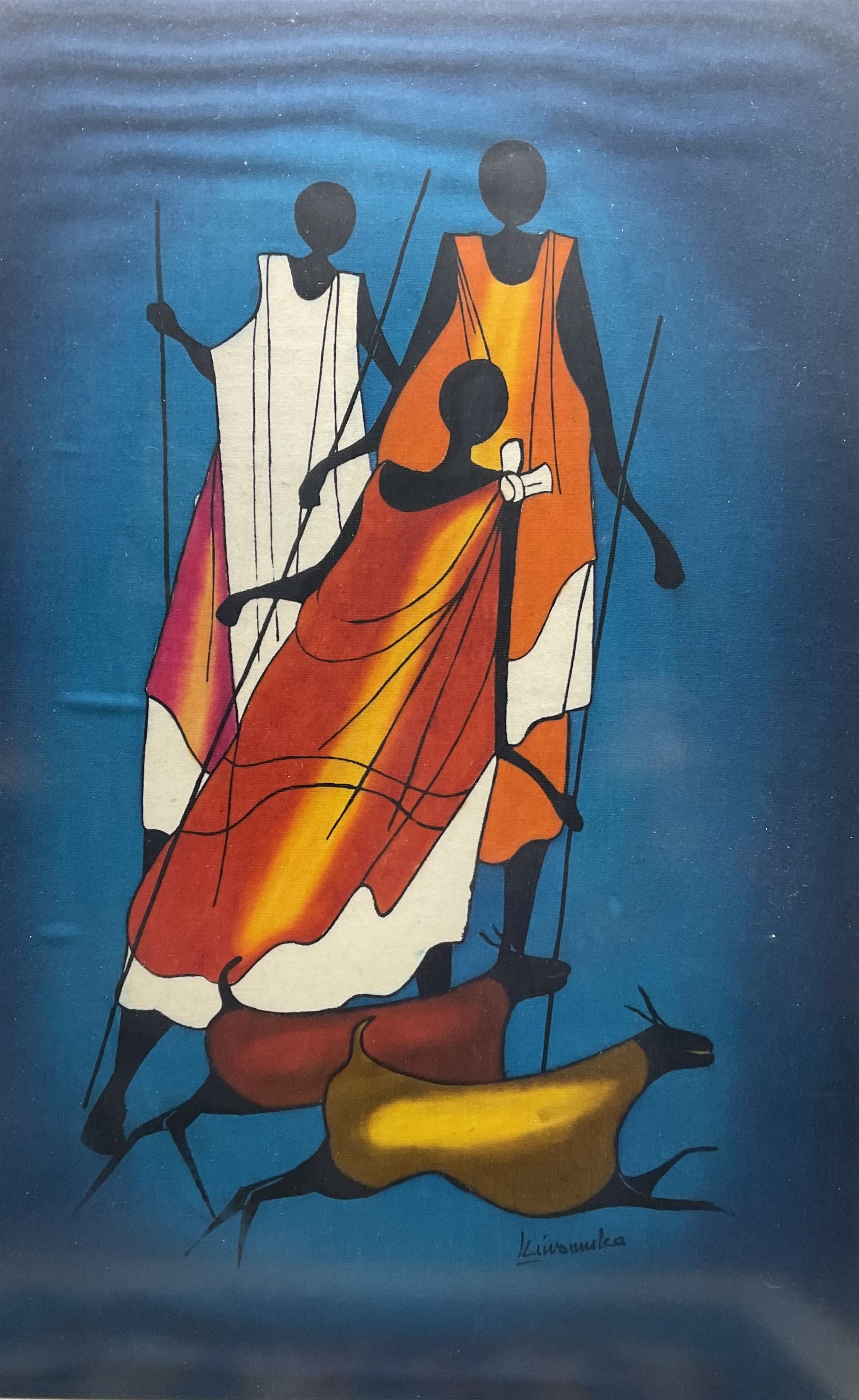 Kiwanuka (African 20th century): Tribal Scenes, set four watercolours on fabric signed 38cm x 61cm (4)