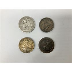 Great British and World coins, including George IIII 1821 crown, Queen Victoria 1887 shilling, various silver threepence pieces, George III 1805 Irish penny, pre-Euro coinage etc