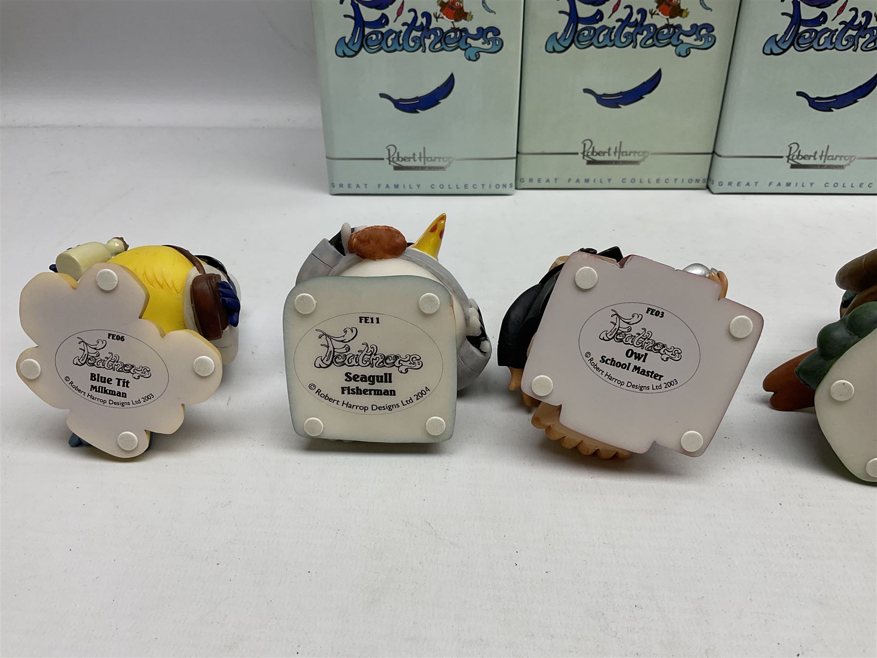 Seven Robert Harrop figures from the Feathers collection, modelled as anthropomorphic birds comprising Blue Tit Milkman, Mallard Boatman, Pheasant Lord of the Manor, Owl School Master, Woodpecker Forester, Swallow Aviator and Seagull Fisherman, all with original boxes