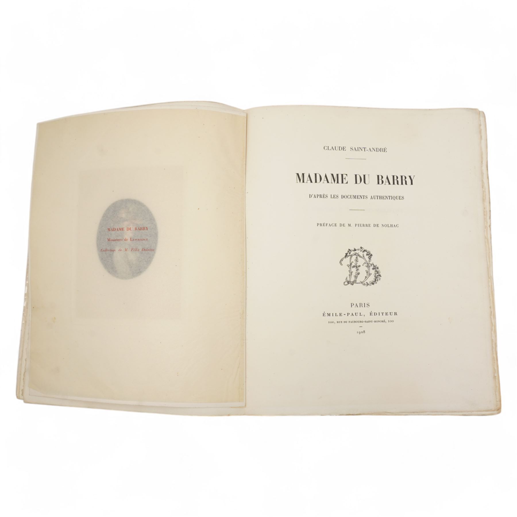Le Sievre Faret - 'L'Honeste Homme' ou L'Art de Plaire, published in French by Arnould Cotinet, Paris 1660, full calf, J-P de Florian 'Les Six Nouvelles' 1786 and 'Nouvelles Nouvelles' 1792, both in quarter leather Conscience, F -'Les Dialogues de Jacques Tahureau' published Lemere, Paris 1871 in half calf and marbled boards, Berolade de Verville - 'Le Moyen de Parvenir' pub. Garnier Freres 1879, Jacob, Paul - 'Le Cymbalum Mundi' 1841 and 'Les Contes de Bonaventure des Periers' 1843, all published in French and collection of books published in French including H-L Bordier (Ed) - 'Le Chansonnier Hugenot' two volumes 1870, Mace de Villebresme - 'Epistre de Cleriande' limited edition No132, 'Poeme Inedit de Iehan Marot' 1860 and others (11) Saint-Andre, Claude - 'Madame du Barry d'apres les Documents Authentiques' limited edition published in French by Emile- Paul, Paris 1908 No 39/250 soft vellum cover