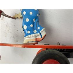 Seven modern Chinese, Japanese and Continental boxed tin-plate toys including Ucan Daire Flying Saucer, Drumming Animal, Circus Clown, Puzzle Cat, Bird with Jumping Action etc; and a quantity of clockwork toy keys (7)