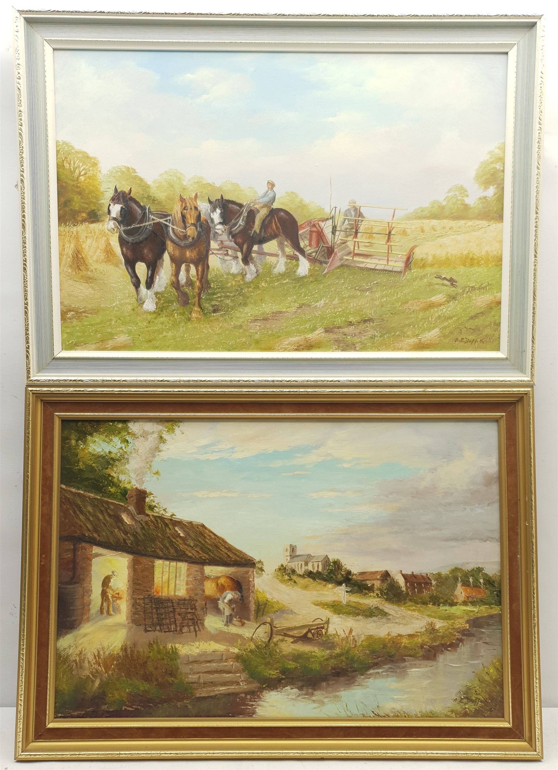 A E Duffill (British 20th century): 'The Old Forge at Twilight' and 'The Reaper', pair oils on board signed, labelled verso 39cm x 60cm (2)