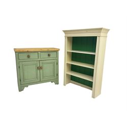 Painted pine cupboard, fitted with single drawer over double cupboard (W95cm, H88cm, D43cm); together with pine bookcase in off-white finish (W91cm, H128cm, D31cm)