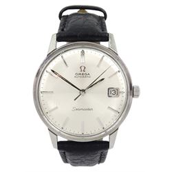 Omega Seamaster gentleman's automatic stainless steel wristwatch, circa 1968, Cal. 565, model No. 166.002, serial No. 26002645, silvered dial with date aperture, on black leather strap