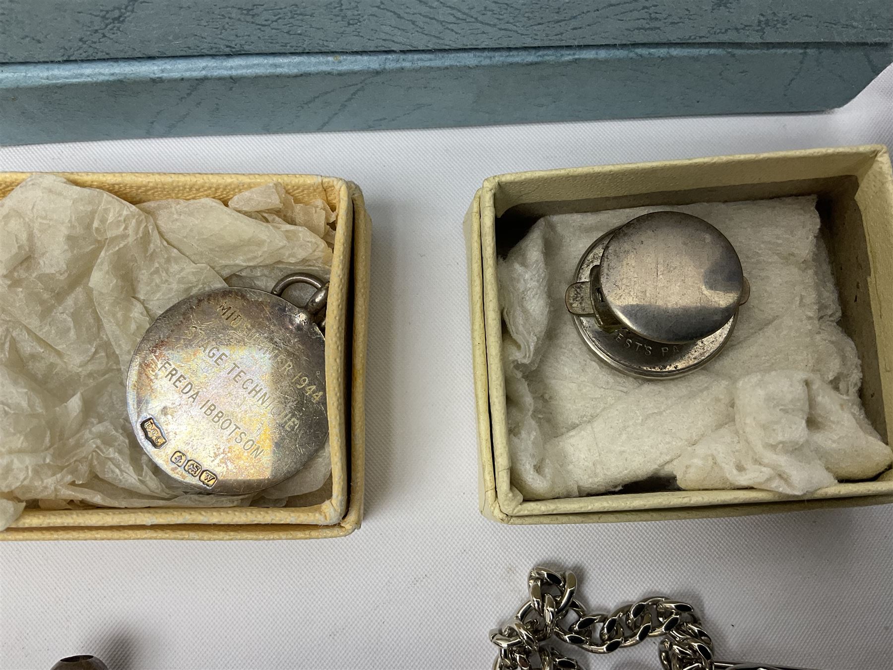 Pair of Georgian silver dress buttons, silver caddy spoon, silver fob medals, silver watches, set of six silver plated teaspoons, set of gilt buttons with ship design, etc