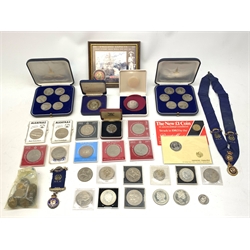 Coins including two sets of one ruble coins commemorating the Moscow 1980 Olympic games, commemorative crowns, Royal Antediluvian Order of Buffaloes hallmarked silver jewel etc