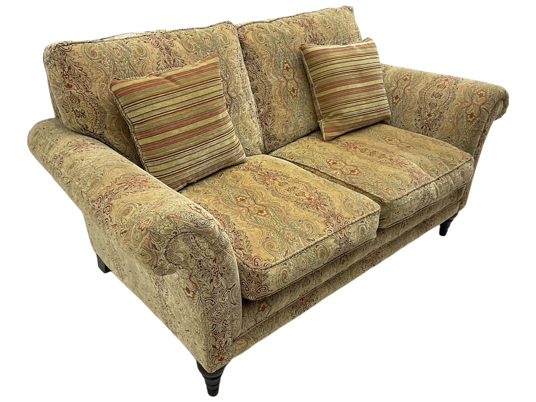 Parker Knoll - 'Burghley' two-seat sofa, upholstered in 'Baslow Medallion' gold floral pattern fabric