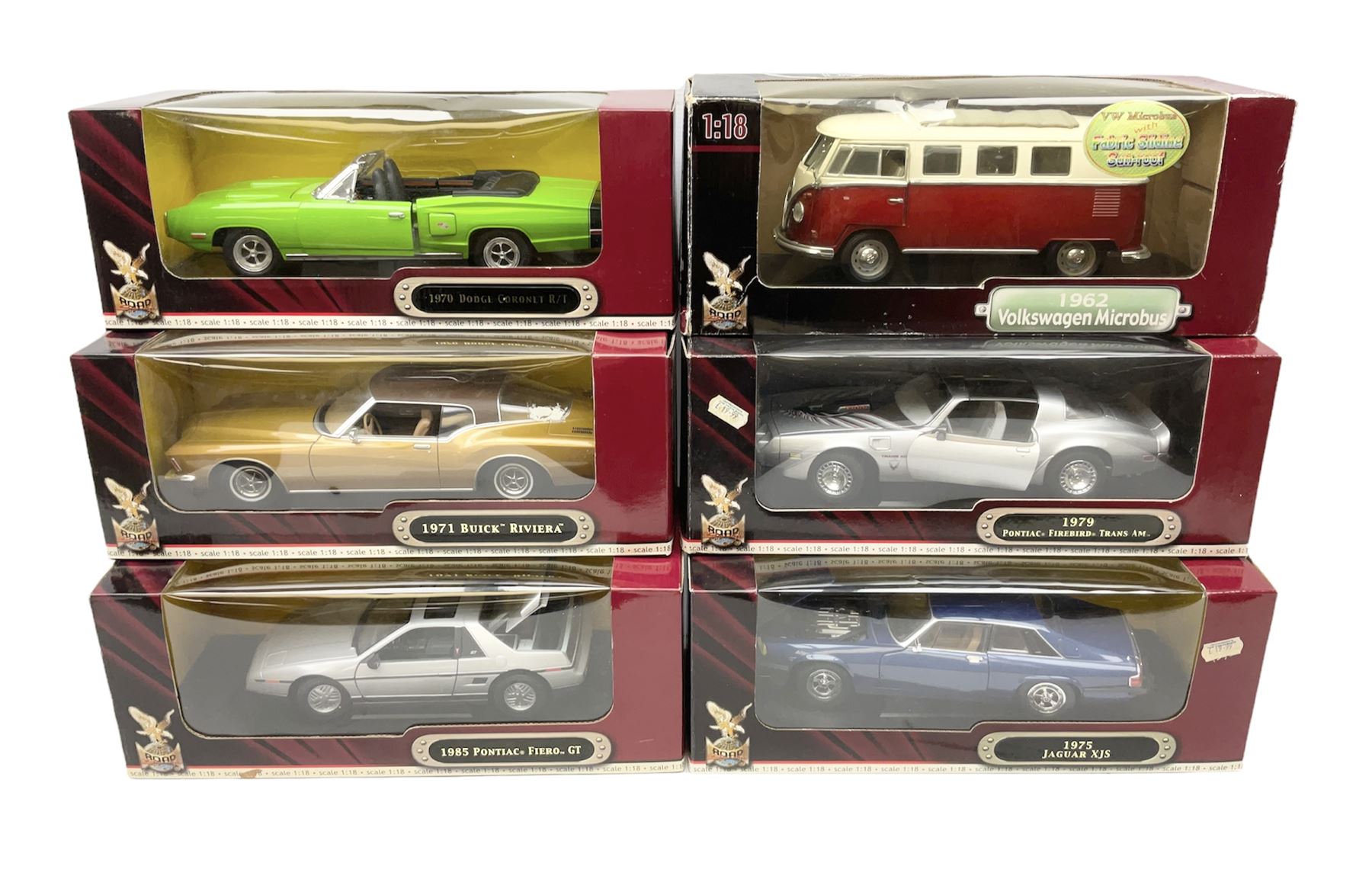 Road Signature - six 1:18 scale die-cast models comprising 1979 Pontiac Firebird Trans Am; 1975 Jaguar XJS; 1971 Buick Riviera; 1985 Pontiac Fiero GT; 1970 Dodge Coronet R/T; all Deluxe Editions; and 1962 Volkswagen Microbus; all boxed (6)