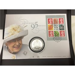 Five The Royal Mint Royal Mail silver proof coin covers, comprising 2021 'HG Wells' with two pounds, 2021 'HM The Queen's 95th Birthday' with five pounds, 2022 'Her Majesty The Queen's Platinum Jubilee 70 Years' with five pounds, 2022 'Her Majesty The Queen's Platinum Jubilee 70 Years' with fifty pence and 2022 '150 Years of The FA Cup' with two pounds, all in Royal Mail card boxes
