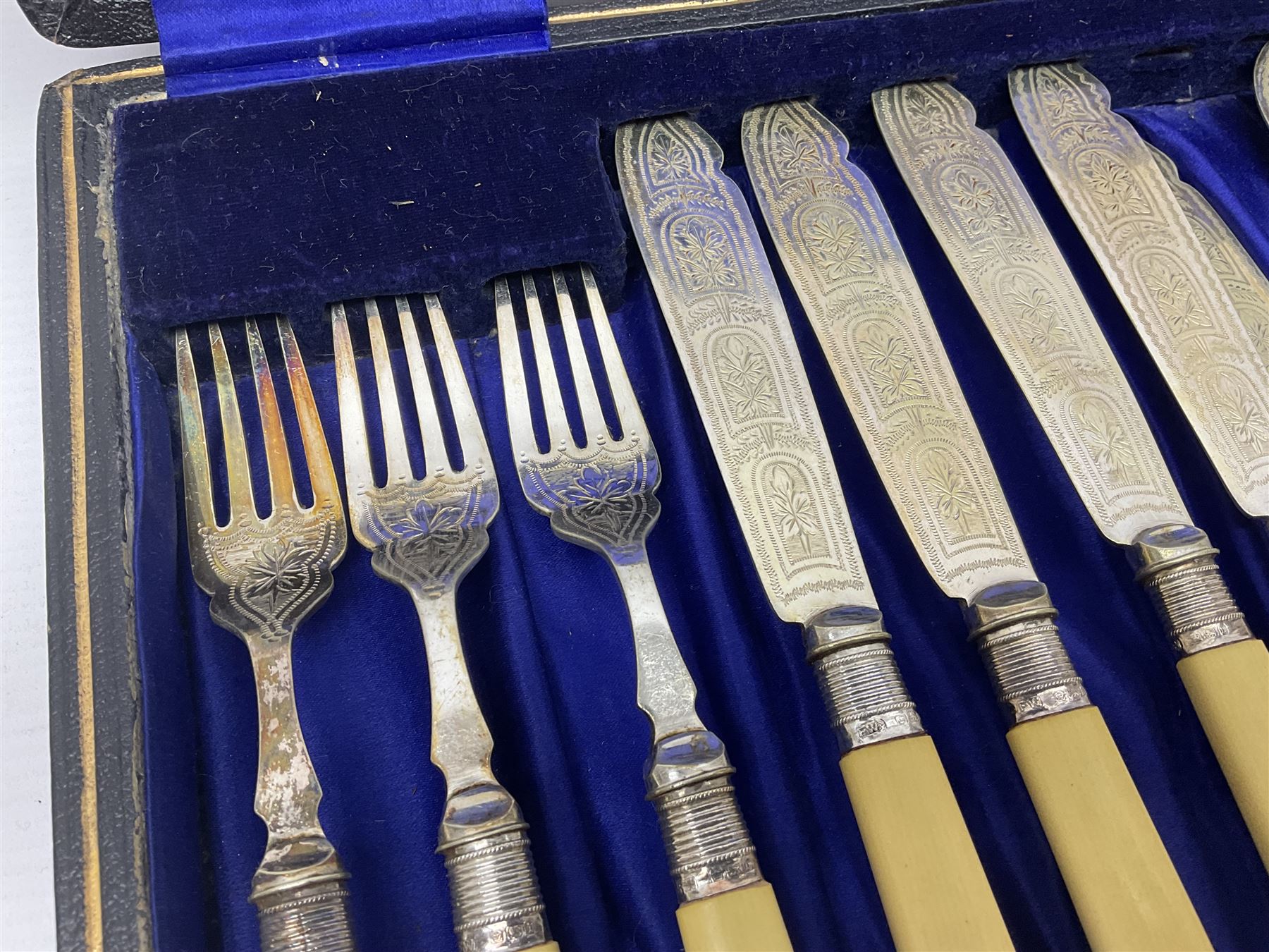 Set of six EPNS fish knives and forks with ivorine handles and hallmarked silver ferrules, boxed, together with a tapering glass decanter with hallmarked silver collar and pair of cut glass salts with hallmarked silver collars, decanter H32cm