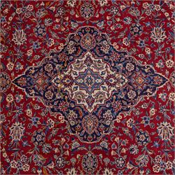 Central Persian Kashan hand-knotted carpet, madder red field with central cusped medallion in navy and ivory enclosing a floral rosette and radiating scrolling arabesques and palmettes, across a densely ornamented ground of finely drawn vinery enriched with a profusion of flowering sprays and stylized blossoms, spandrels in deep indigo and principal border of navy ground decorated with a continuous palmette and vine-scroll flanked by multiple guard stripes, with cotton fringe ends