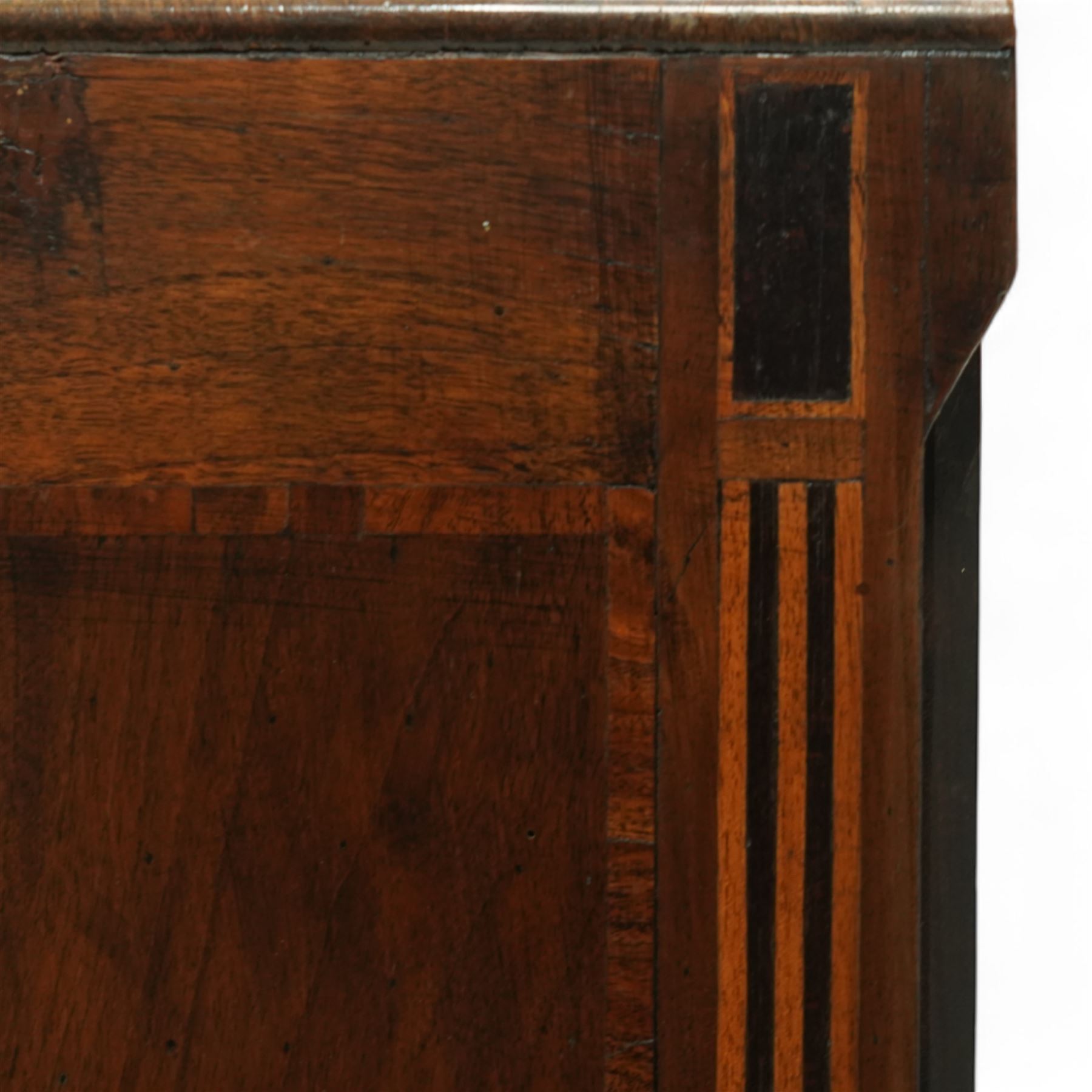 Large 18th-century North Italian walnut commode, rectangular top with quartered veneer, central parquetry inlay and raised moulded edges above three drawers with brass ring handles, cross banding and further central parquetry inlay, supported on square tapered feet