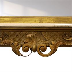 Large late 19th century Rococo revival giltwood and gesso pier mirror, the rounded rectangular frame with richly carved crest and scrolls with acanthus leaves and foliate ornamentation, above a giltwood console table with Carrara marble top and richly carved guilloche and ribbon tied laurel garland frieze, rosettes, and central scrollwork, raised upon tapered legs with beaded moulding and square block above with turned toupie style terminal  