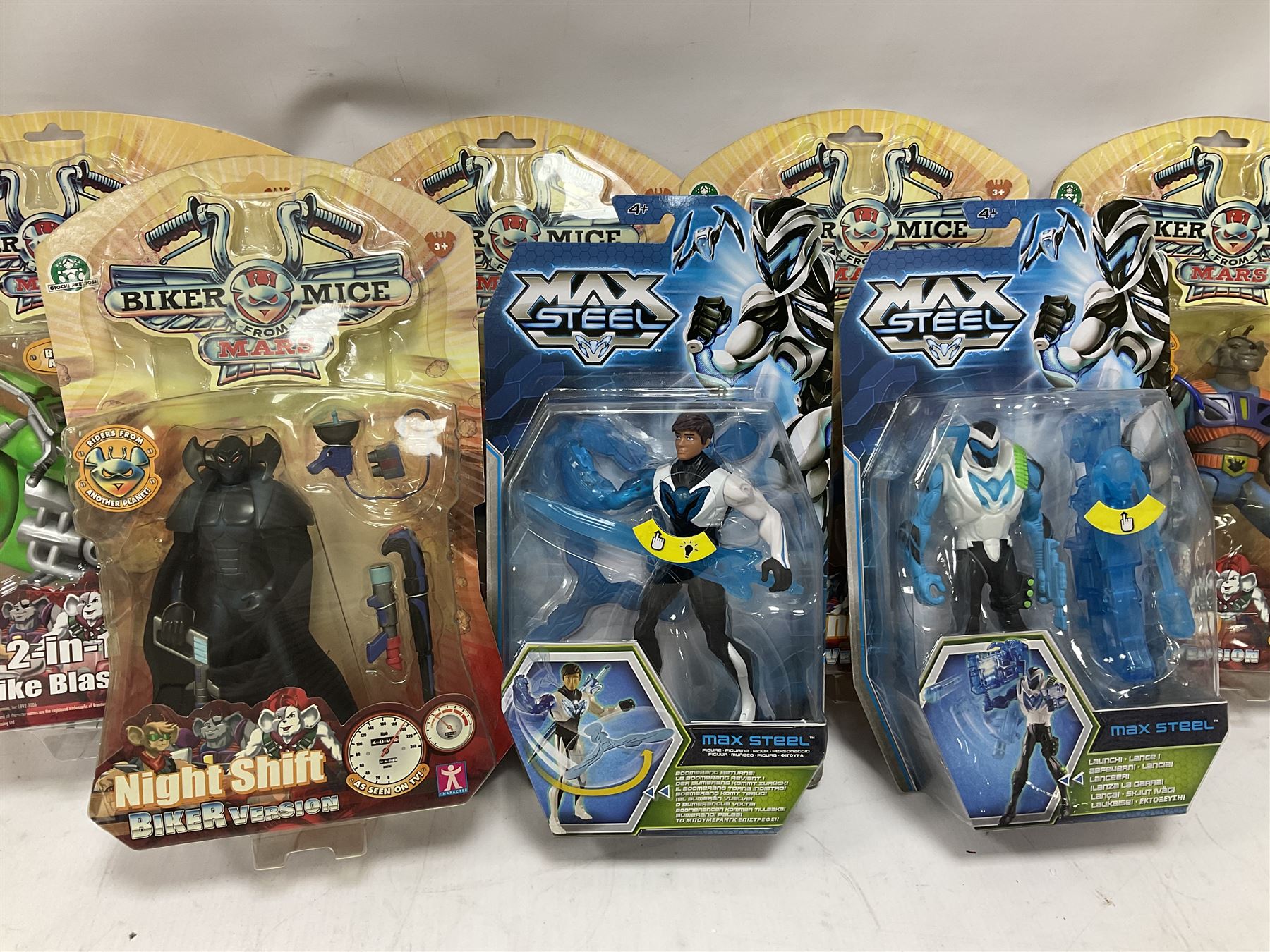 Biker Mice From Mars - Character Options 2-in-1 Bike Blaster; and four carded figures comprising Night Shift, Modo, Vinnie and Throttle; together with six Mattel Max Steel carded figures; all in unopened blister packs (11)