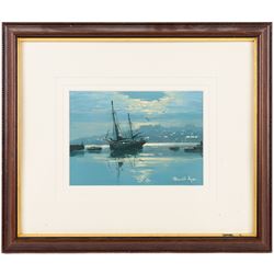Donald Ayres (British 1936-): View of Whitby Harbour at Night, oil on board signed 12cm x 17cm