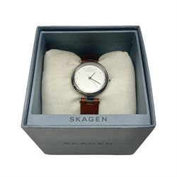 Skagen Tanja ladies wristwatch, with silvered stone set dial, on brown leather strap, boxed 