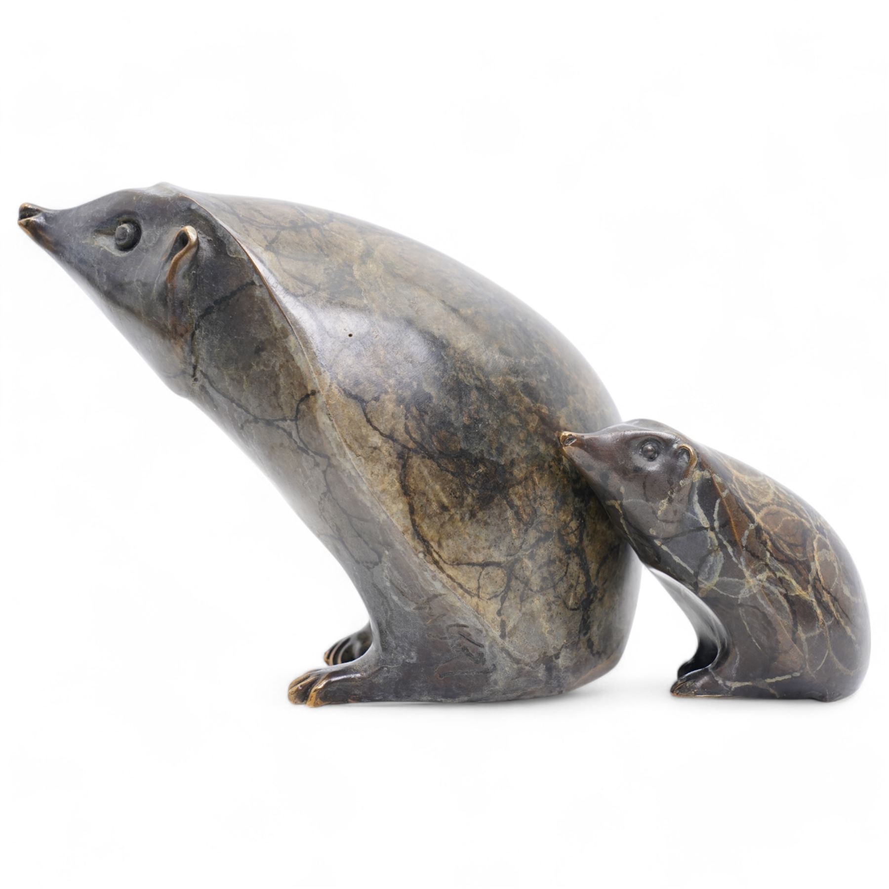 Michael Storey (British 1948-); Hedgehog and Hoglet, two bronzes, signed, tallest H11cm (2)