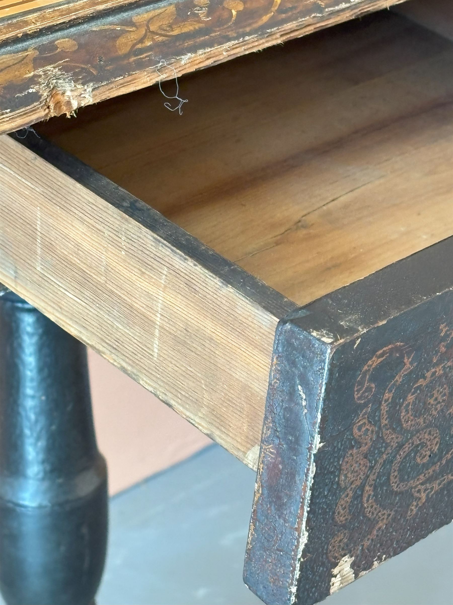 Victorian games table, the top inset with a verre églomisé chess board top, above a frieze fitted with one drawer and having gilt painted scrolling decoration, raised on a ring turned baluster column and triple splay supports. H72cm, 50cm x 47cm.  - COLLECTION BY APPOINTMENT FROM: The White House, Thirsk Road, Easingwold, York, YO61 3NF - CALL 01723 507111 TO ARRANGE